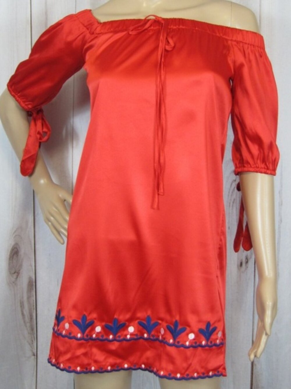 Mango Red Satin Off Shoulder Peasant Mini Dress Large Embroidered Blue White NEW